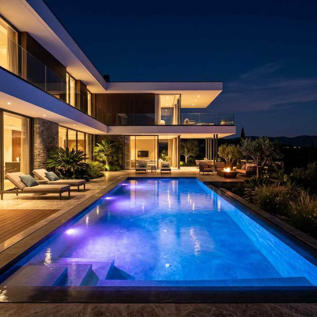 Piscina iluminada con focos LED subacuáticos